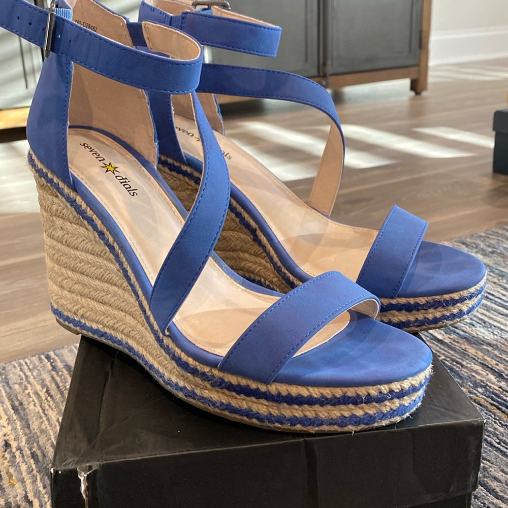 Seven Dials Blue Suede-ish with Straw Platform Sandal